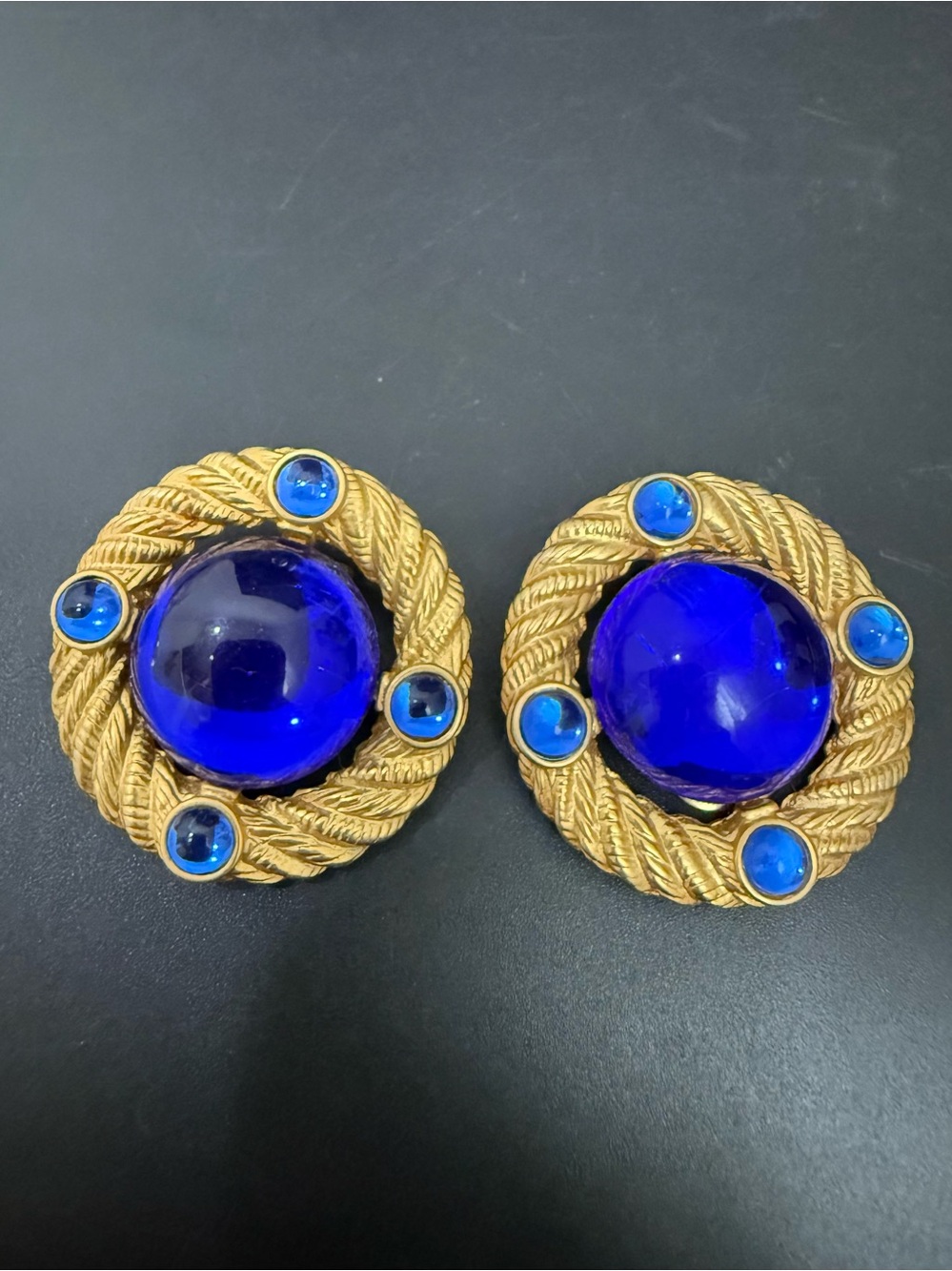 Vintage PARK LANE Gold-tone Royal Blue Cabochon Braided Rope Statement Earrings